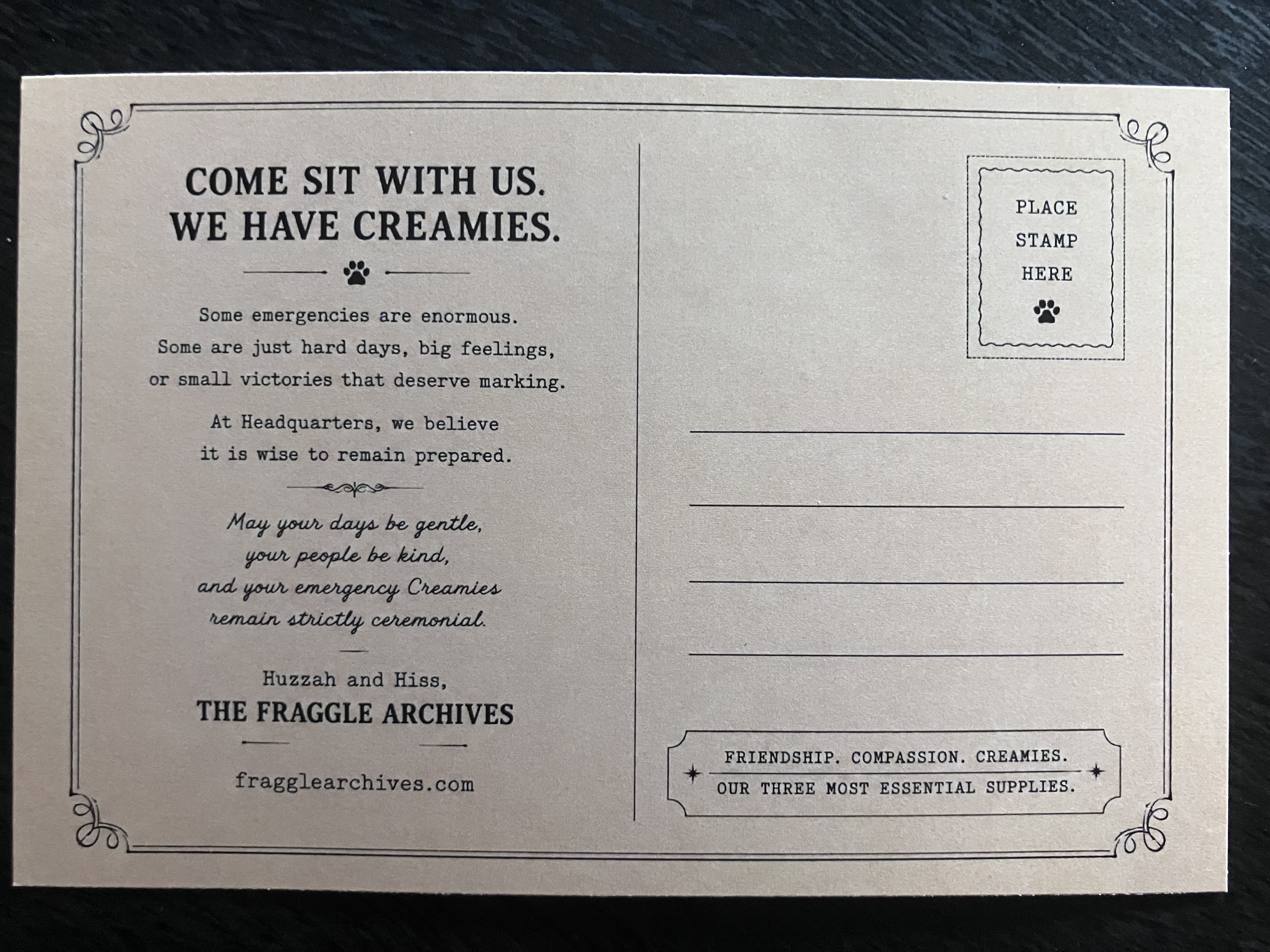 Back of Emergency Creamies postcard