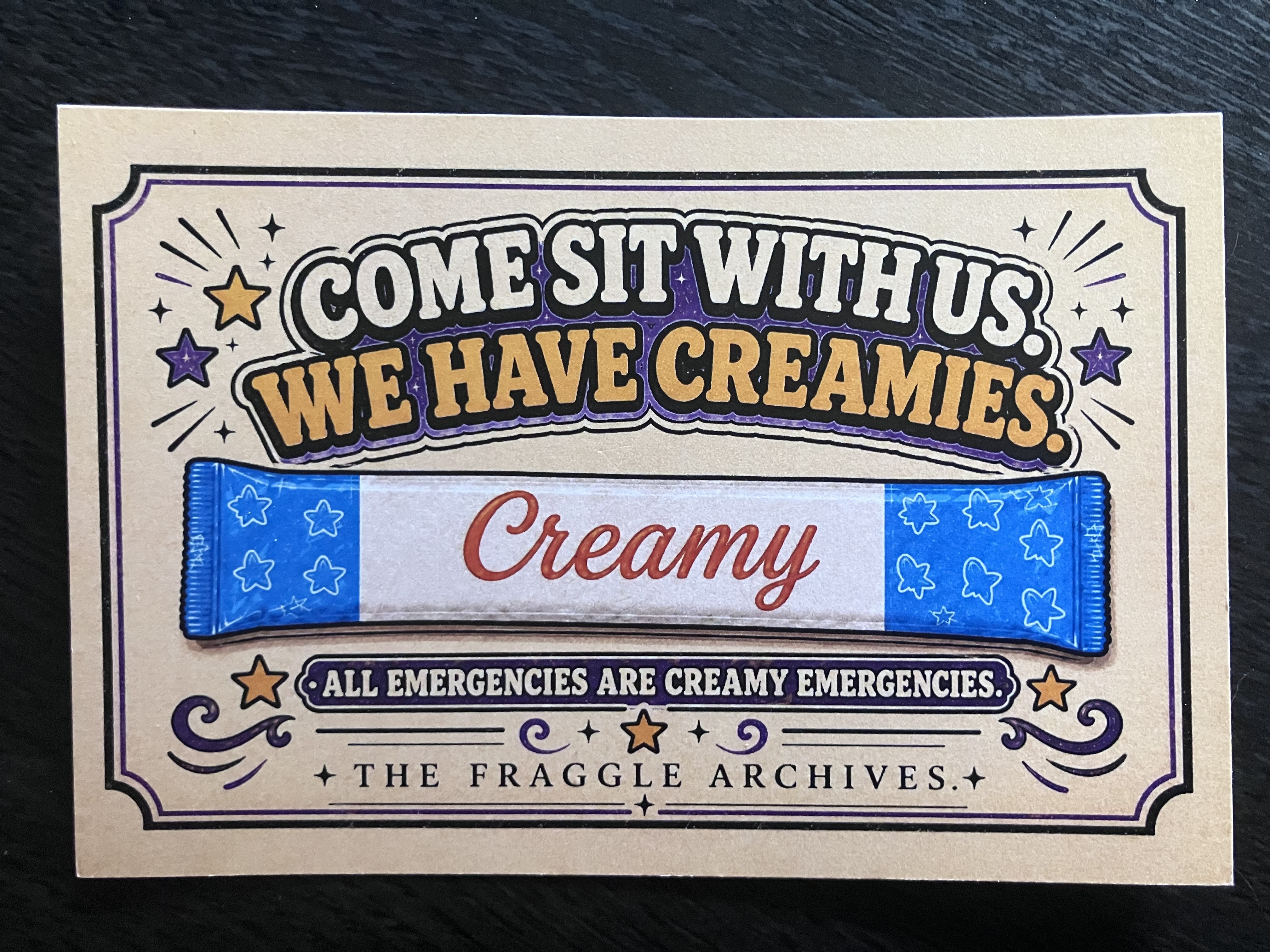 Front of Emergency Creamies postcard